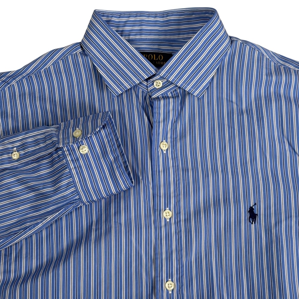 Polo Ralph Lauren Mens 17 32-33 Blue White Striped Cotton Button Down Shirt Pony